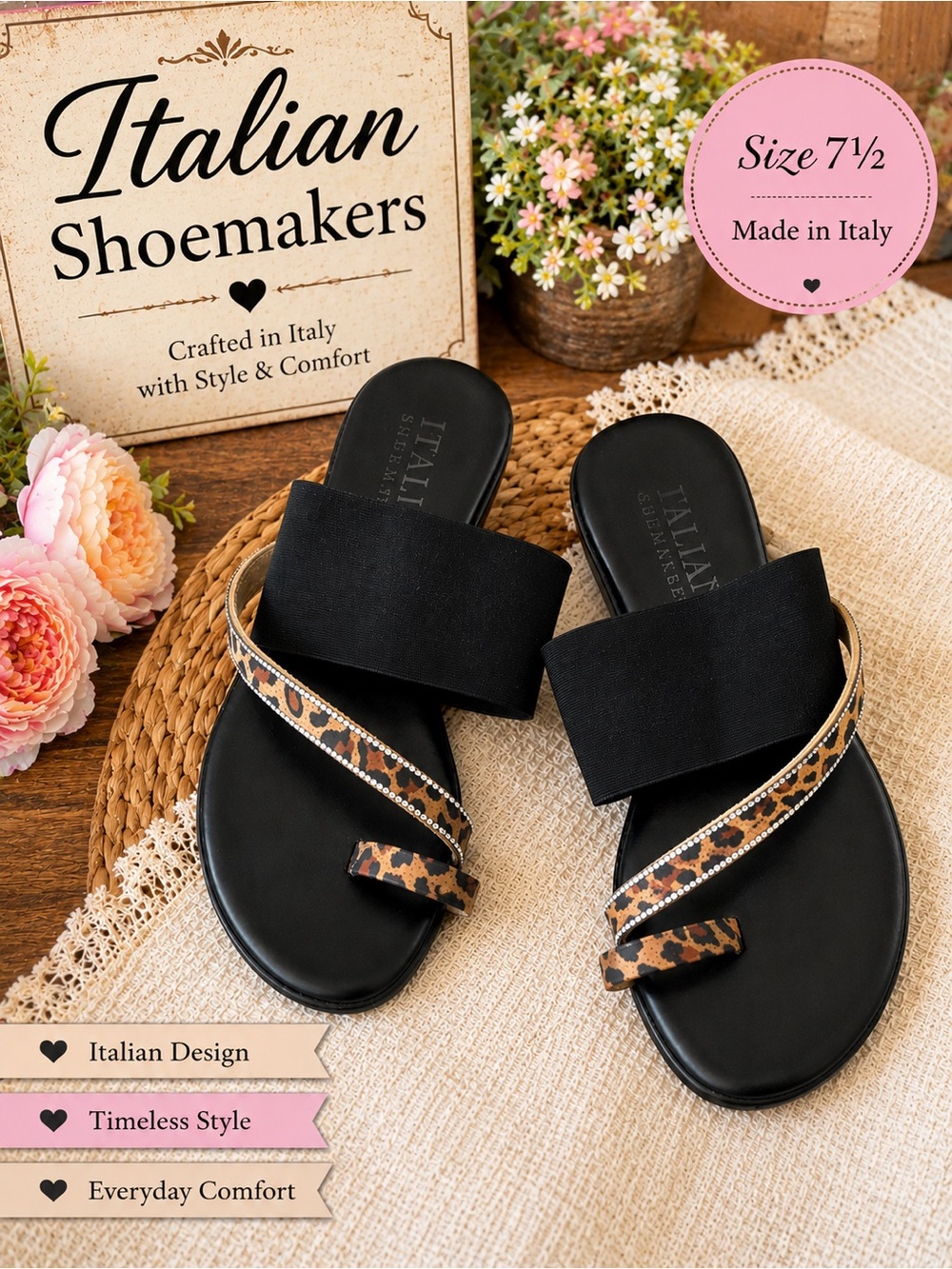 Italian Shoemakers Black Sandals with Leopard-Print Accent